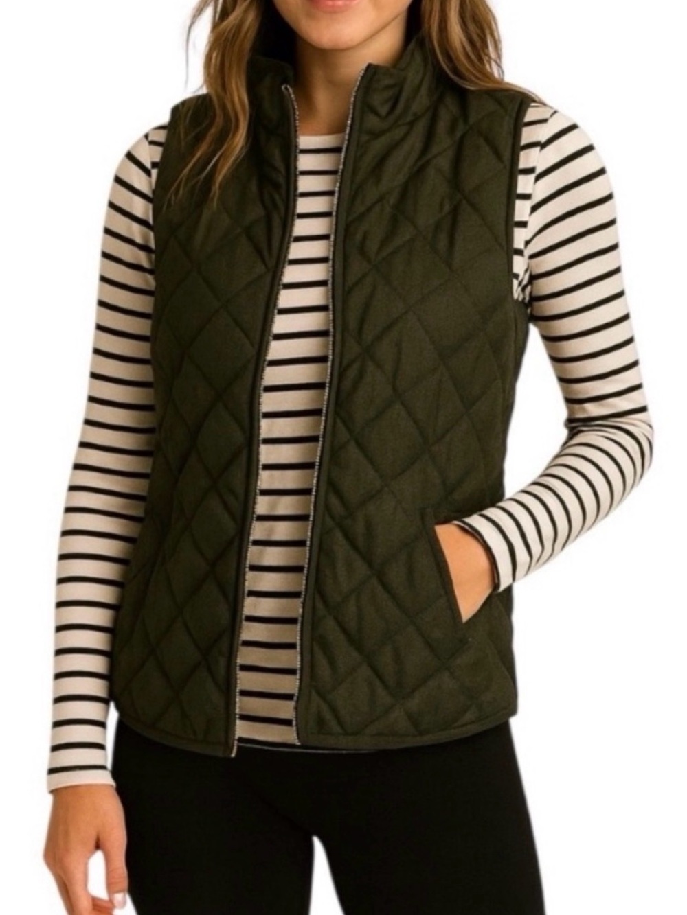 Old Navy Army Green Puffer Vest Women Size XS/TP Quilt Full Zip Pockets Preppy